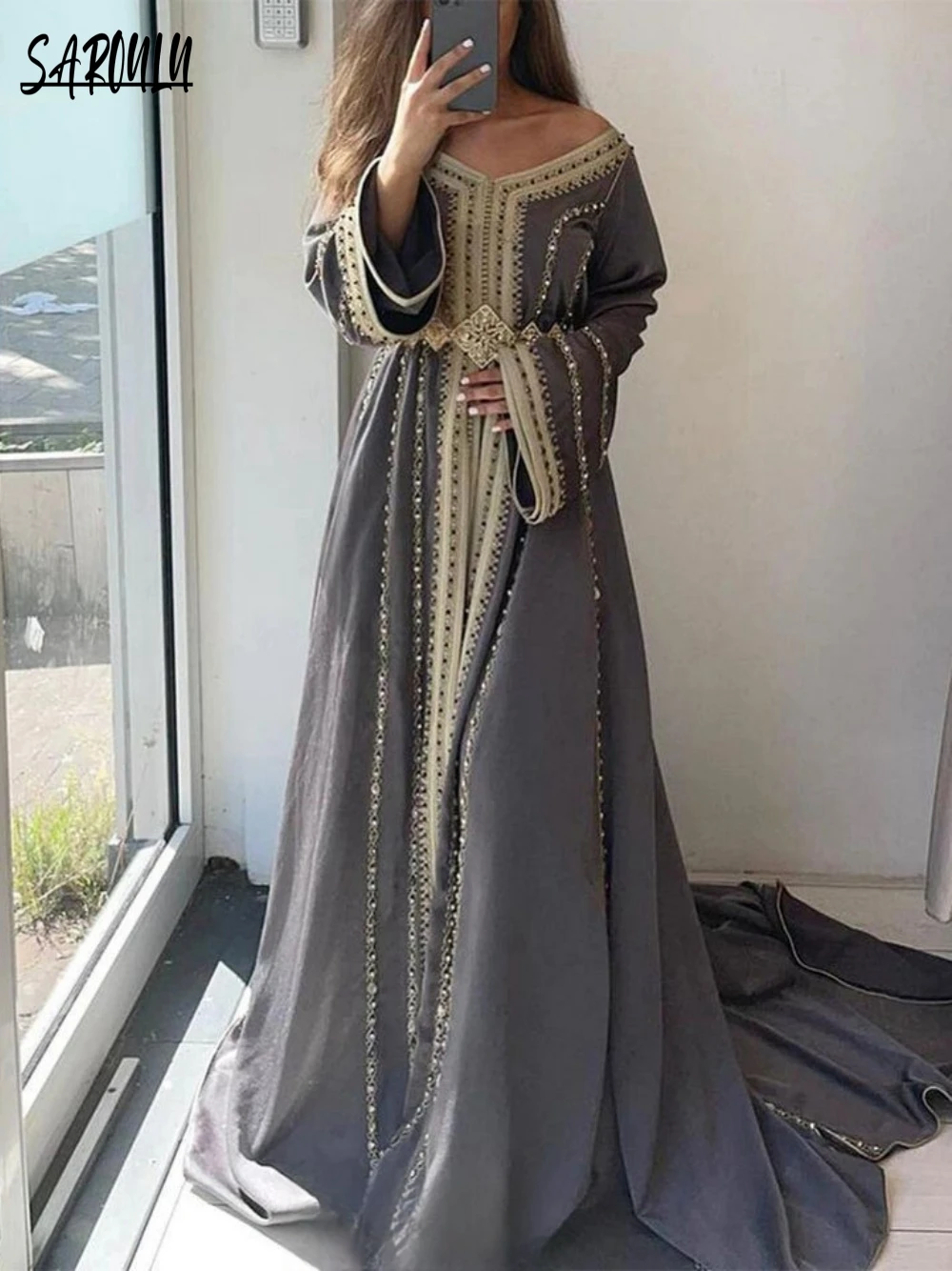 Arab V-neck Evening Dresses Elegant Fashion Long Sleeve Bridal Dress Gray Caftan Floor-length Gown Robe De Mariée