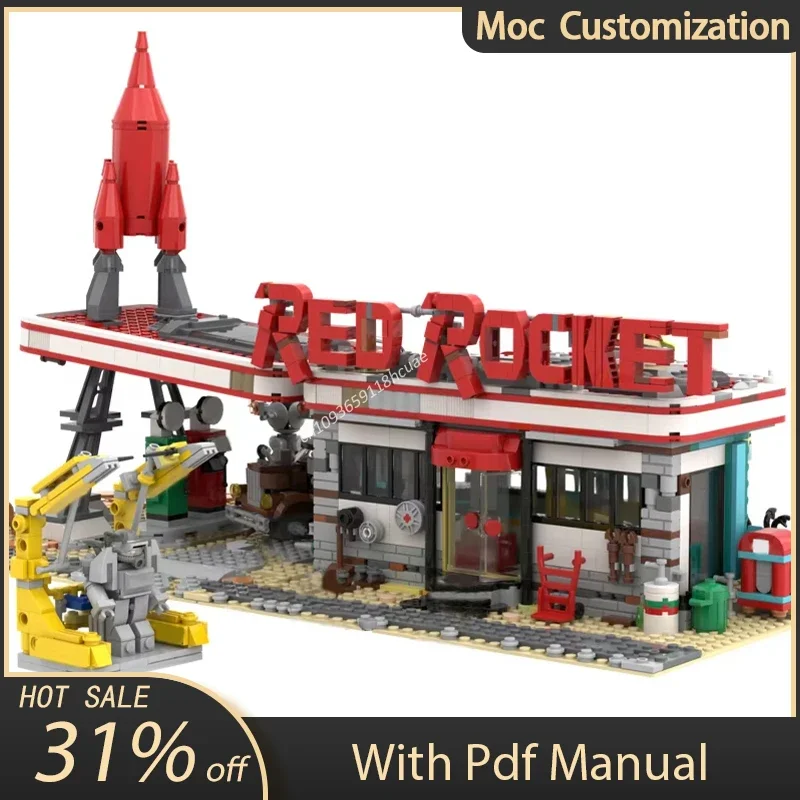 

MOC The Red Rocket Filling Station, модульные строительные блоки, кирпичи, игрушки, игра, газовая остановка, сделай сам, модель с видом на улицу для детей, подарок для взрослых