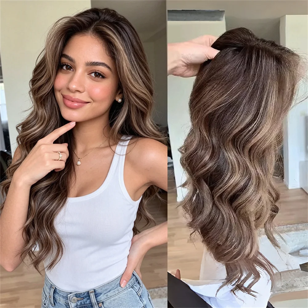 Synthetische Faser-Perücke in Brunett mit Braunen Karamell-Highlights, 13x4 Lace Front Perücke für Frauen, 22 Zoll, Welliger Stil für Täglichen Gebrauch und Cosplay