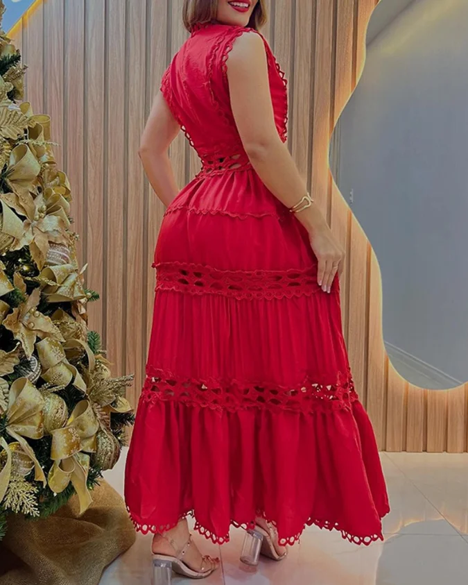 Lace Trimmed V-Neck Hollowed Out Sleeveless Dress for Women In Summer, Elegant A-Line Solid Color High Waist Slim Fit Dress