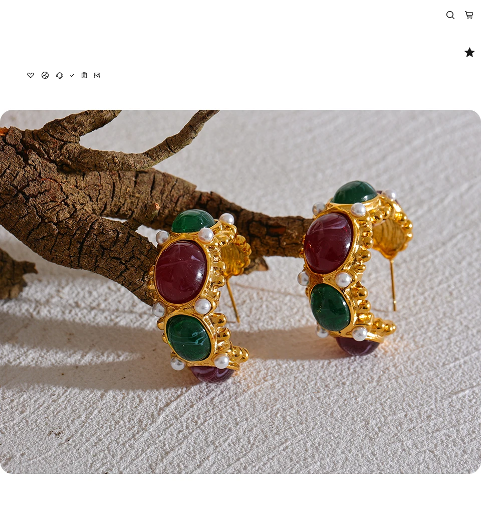 Yhpup Edelstahl C-förmige französische Charm-Ohrringe Schmuck Vintage Rot Grün Harz Stein Imitationsperlen Goldfarbe Bijoux – Detail 10