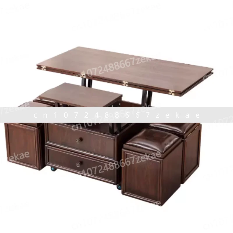 Dual-purpose Two-in-one Mobile Small Apartment Folding Coffee Table with Stool Solid Wood Lifting Coffee Table Dining Table