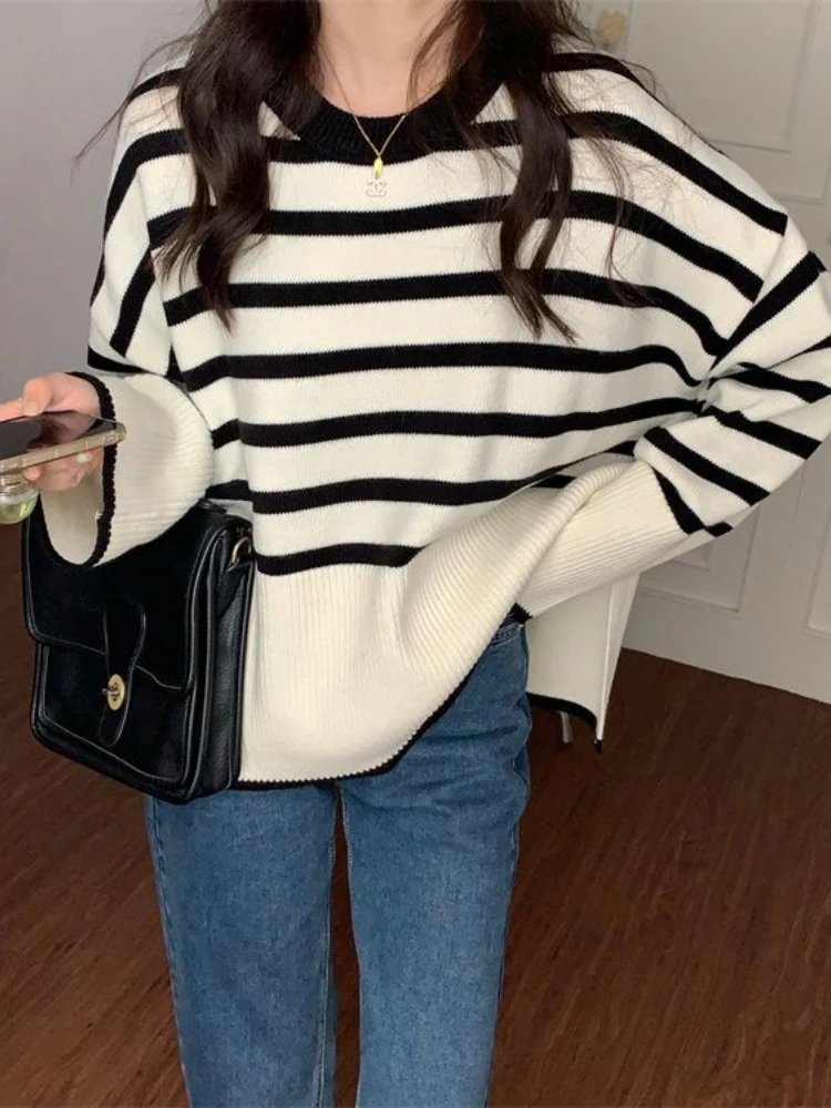 

QWEEK Striped Oversize Sweater Women 2024 Autumn Fashion Korean Fashion Kpop Streetwewar Long Sleeve Knitted Knit Pullovers