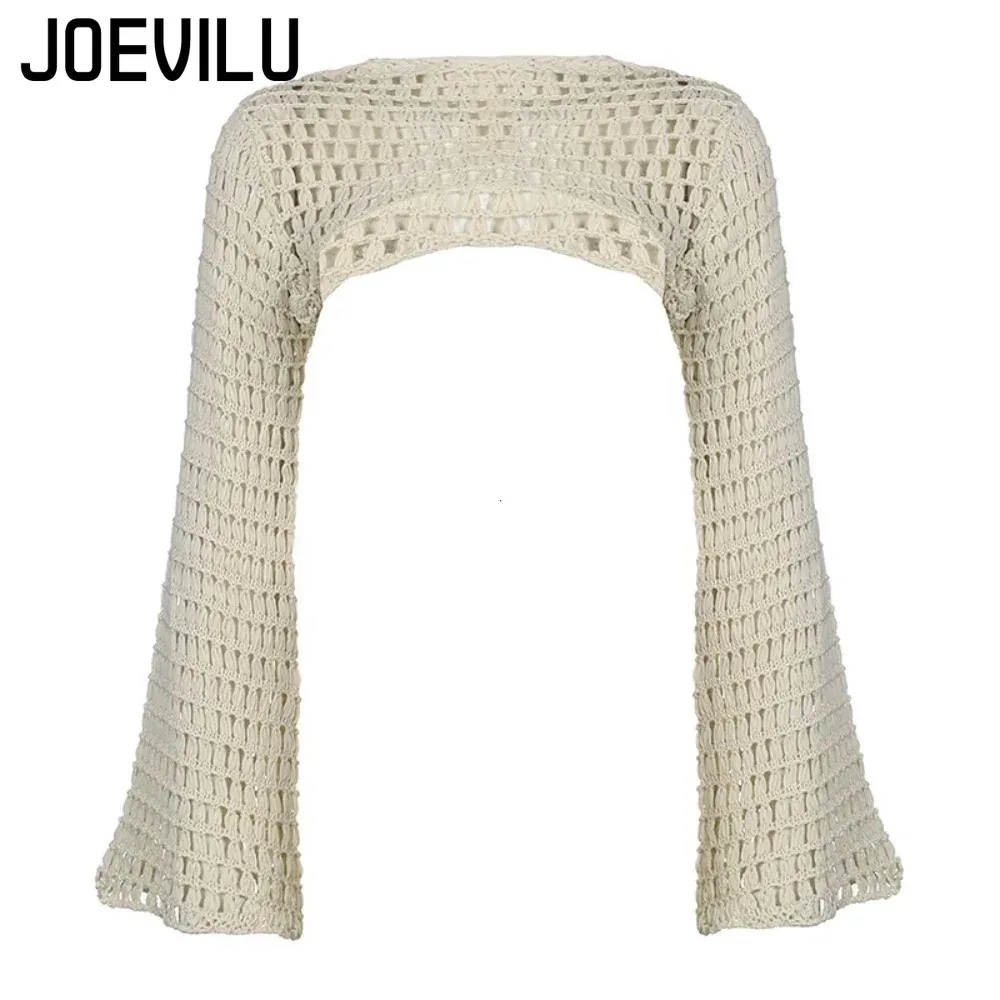 Summer Crochet Knit Hollow Out Crop Top Women Y2k Sexy Blouse Shirts Long Flared Sleeve Sweater Cover Ups Streetwear Pullovers