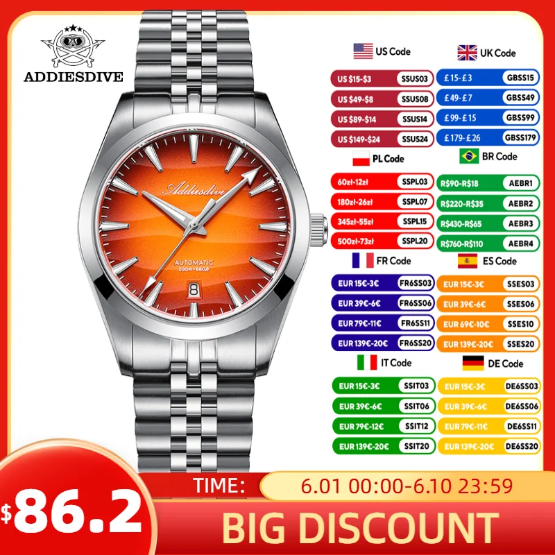 

ADDIESDIVE Men Watch 39mm 8215 Automatic Mechanical Wristwatch Diving 100m Waterproof 316L Stainless Steel Domed Glass Luminous