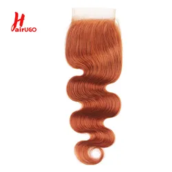 Vücut dalga zencefil turuncu 4*4 saç kapatma 10 ''-20'' HairUGo brezilyalı İnsan saç Kinky kıvırcık 4x4 dantel kapatma ile bebek saç Remy
