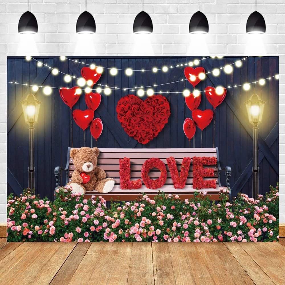 Valentine's Day Photography Backdrop Romantic Balloon Red Rose Love Little Bear Proposal Confession Party Decor Photo Background