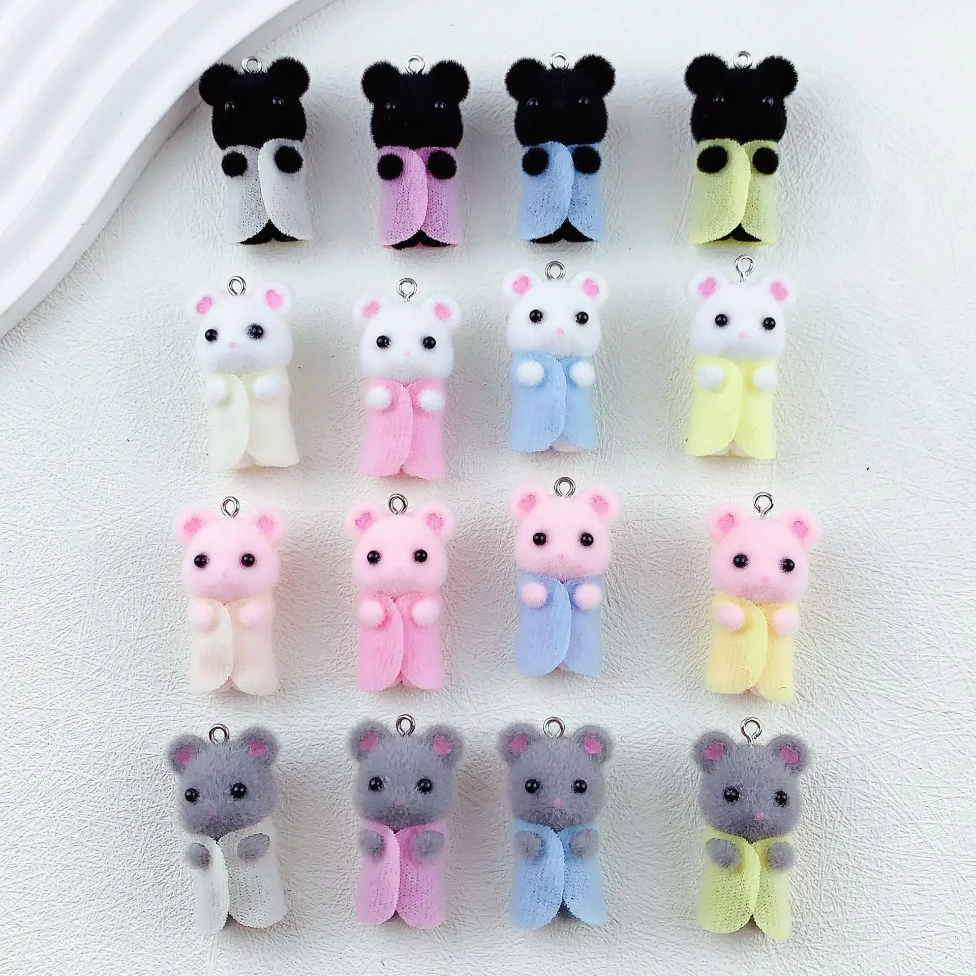 30Pcs Resin Cute Mouse Charms Cartoon Flocked Animal Pendant Earring Keychain Bag Accessories for DIY Crafts Jewelry Make