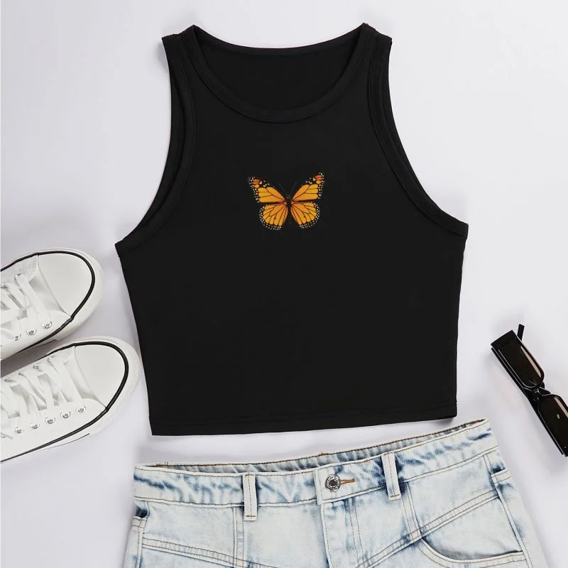 Printcess Women\'s Y2K Cool Sleeveless Round Neck Tank Top Butterfly Graphic Print Short Vest Tee Cool Street Fashion Women Cloth