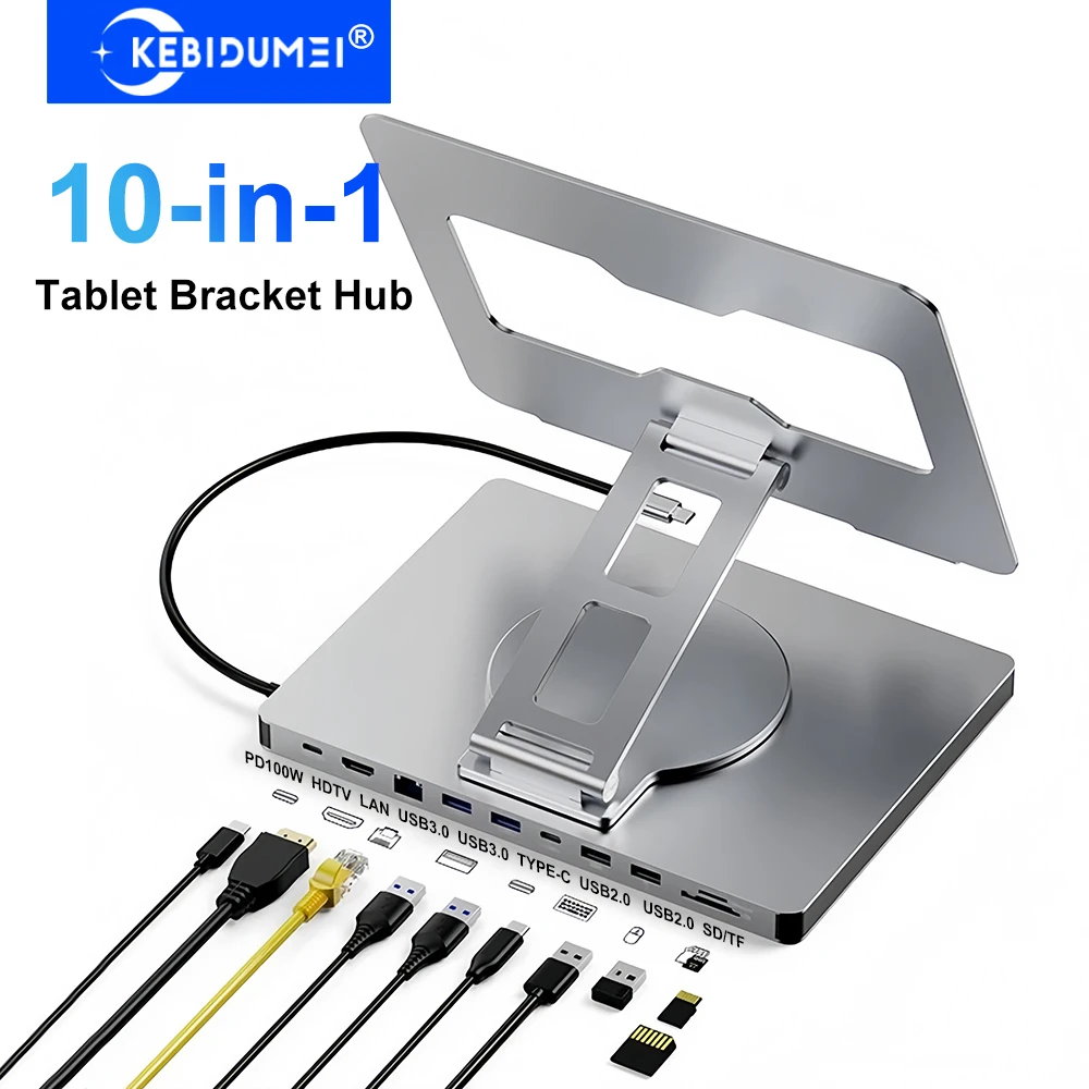 

10-in-1 Tablet Holder Docking Station USB C HUB 4K60Hz HDMI 1000Mbps Ethernet USB3.0 5Gbps Data Transfer PD100W for Tablet Phone