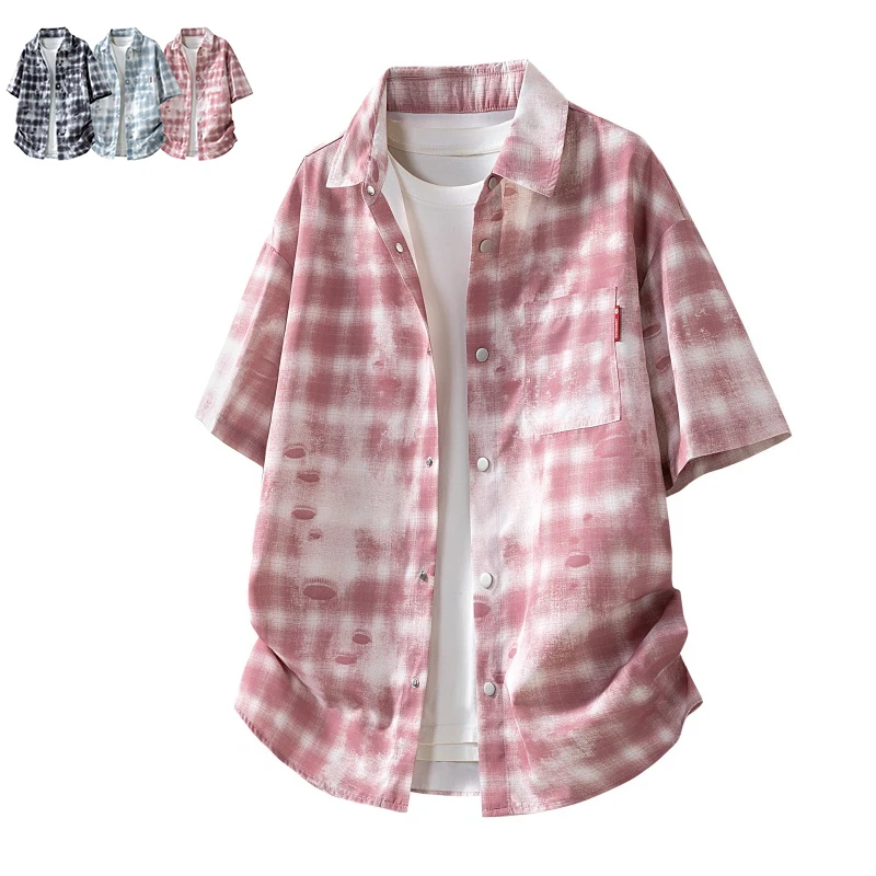 

High Quality Summer Men's Short Sleeve Shirt Fashion Trendy Casual Plaid Button Down Shirt Versatile Loose Top Tee Plus Size 8XL