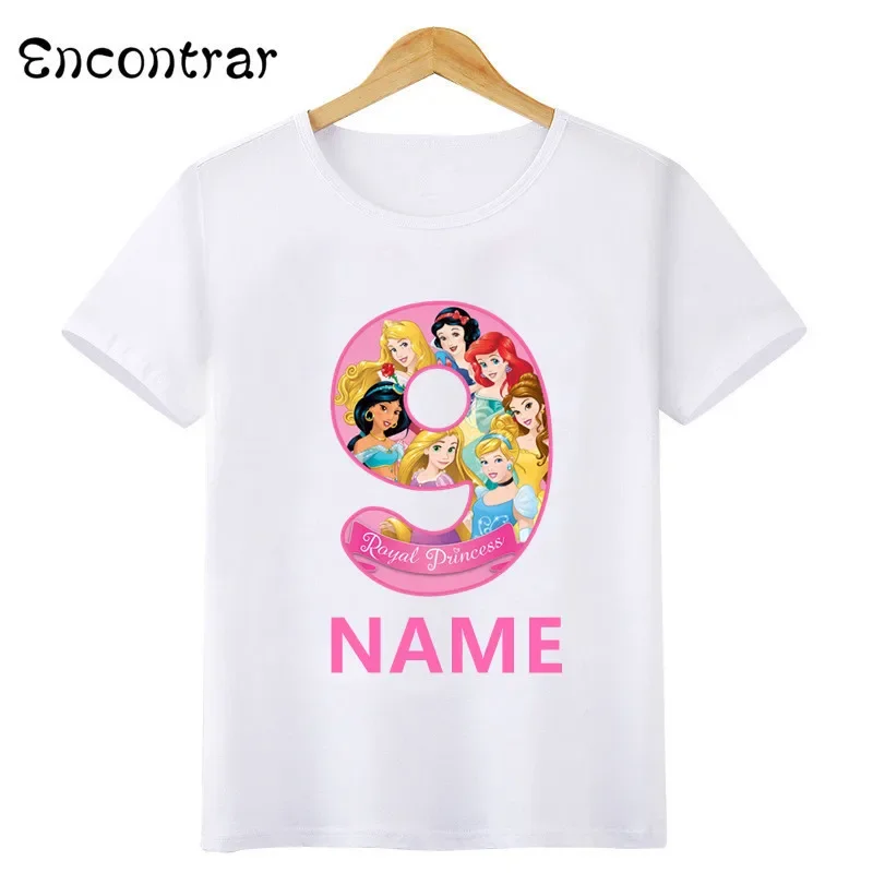 Disney Princess Number Bow Print T shirt Kids Clothes 1 2 3 4 5 6 7 8 9 Years Birthday Girls Customize Name T-Shirts Baby Tops