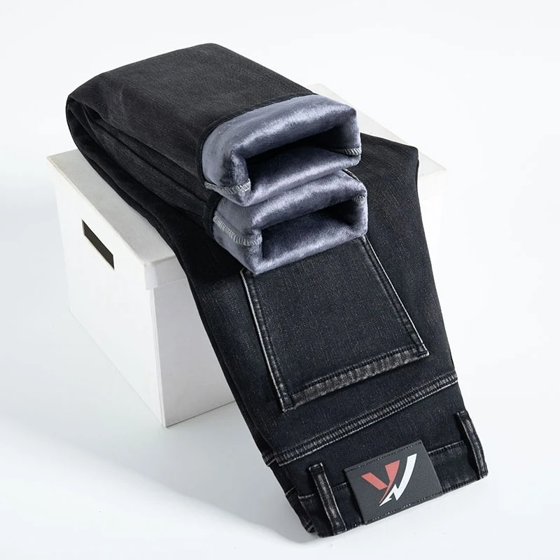 Neue Winter Stil männer Dicke Jeans Baumwolle Elastische Samt Warme Denim Hosen Modische Fit Gerade Slim Fit Wolle Arbeit Hosen