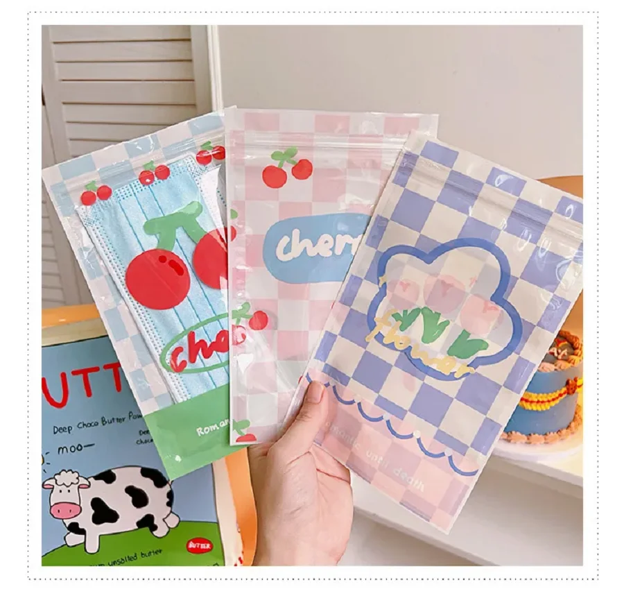 Cartoon Cute Self sealing Bag Food Accessories Stationery Mask Storage Packaging Bag Checkerboard Tulip Sealing Pocket