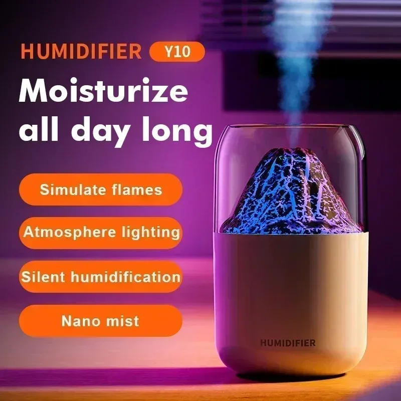 Mini Volcano Desktop Humidifier USB Misting Essential Oil Diffuser Creative LED Night Light for Bedroom Office