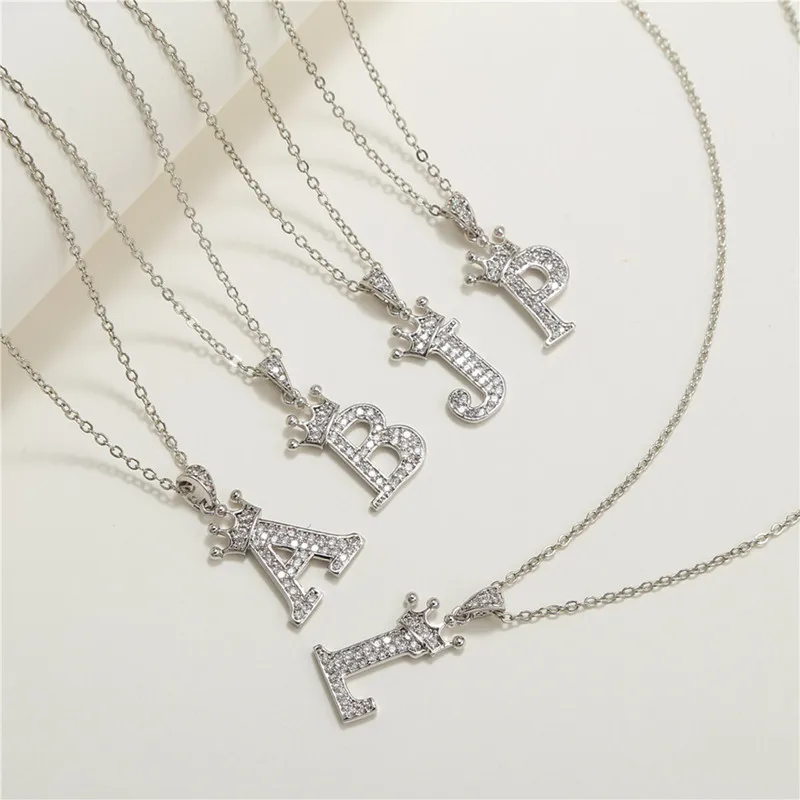 Necklace Crown Cubic Zircon Alphabet Pendants Gold A-Z Letter Pendant Necklace Shinning 26 Initial Collares Jewelry Full Zircon