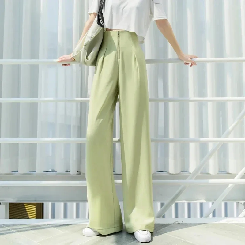 

Design Zipper High Waist Wide Leg Pants Women 2024 Spring Summer Thin Elegant Red Office Lady Work Baggy Trousers LJ2