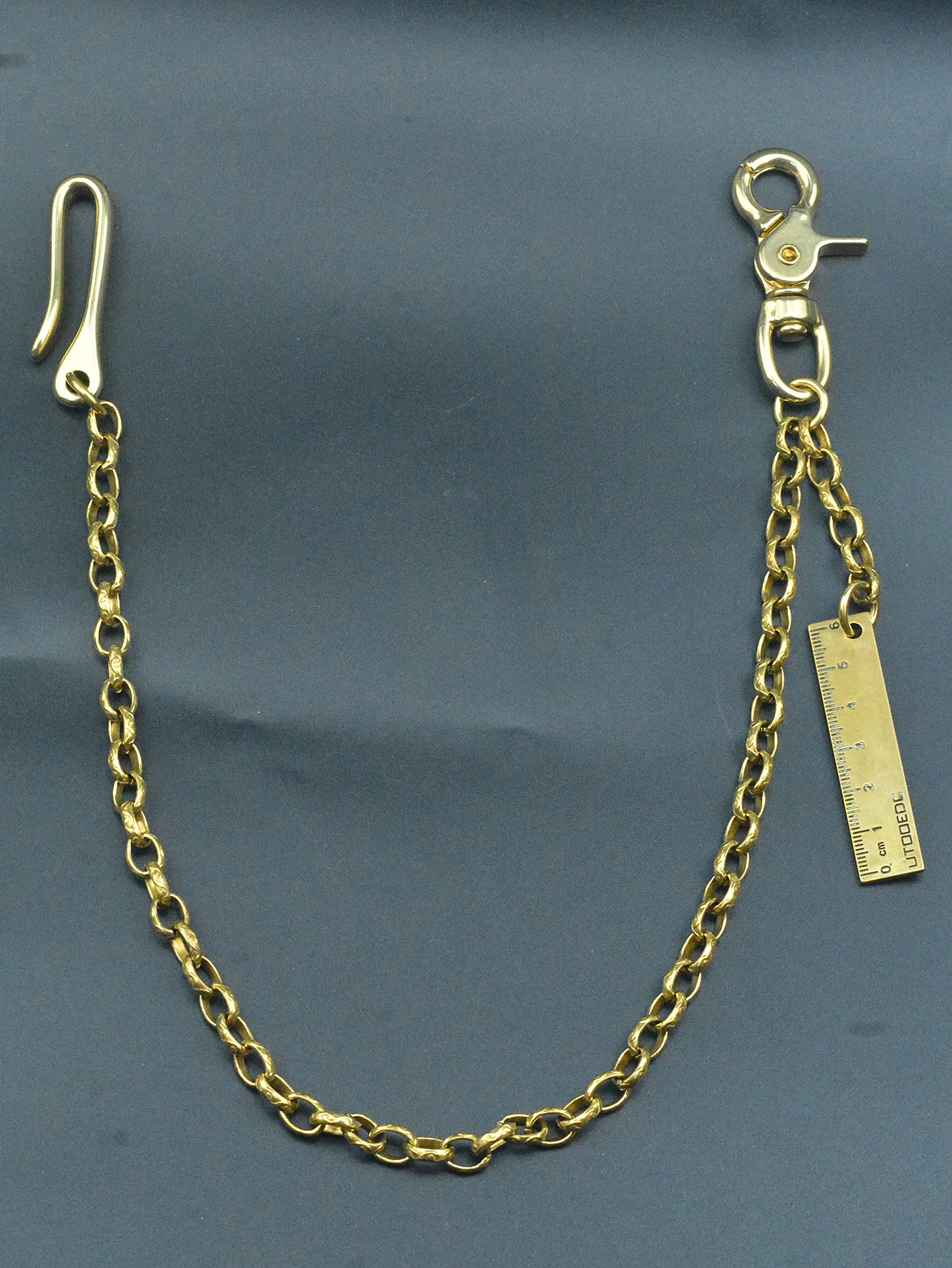 22 inch retro Brass pants waist biker crab claw clip U Hook belt  9mm pattern oval   anchor chain EDC Good luck ruler charm