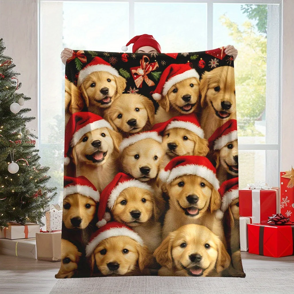 Christmas Golden Retrievers Flannel Blanket - Soft 200-250g | All-Season Machine Washable Throw for Home Office Camping Travel