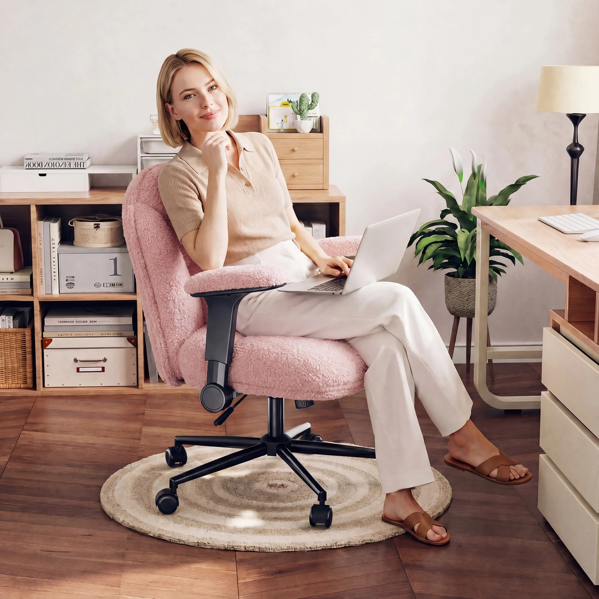 

Criss Cross Teddy Fabric Office Chair, Adjustable Flip-Up Armrest Heated Desk Chair, 120° Reclining Pink Comfy Chair, Height Adjustable Swivel Chair with Wheels, 300lbs Load Bearing Vanity Chair for Home Office Bedroom Living Room