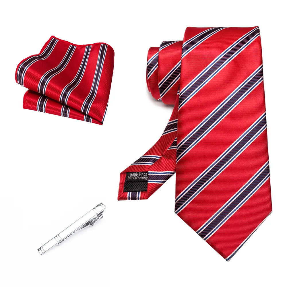 Herren Marineblau Krawatte Rot-Grün Gestreiftes Krawattenset Glänzender Clip Hochwertiges Einstecktuch für Business-Anzüge Anlässe Hochzeit Party – Detail 30