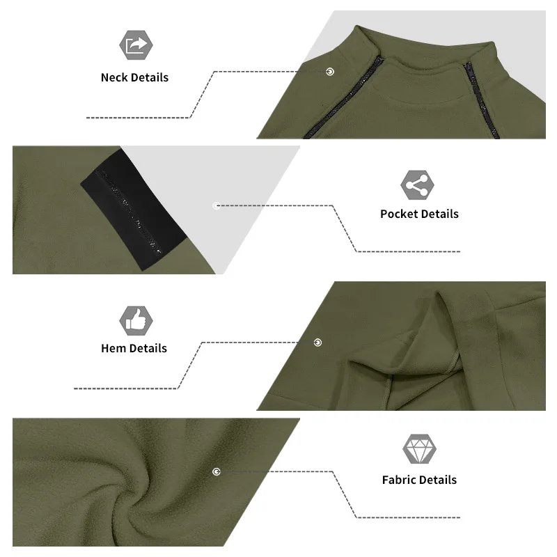 Herren Herbst-Winter-Sweatshirt aus dickem Fleece, Stehkragen, Doppelreißverschluss, lockere, warme Outdoor-Wanderjacke für den Alltag. – Detail 16