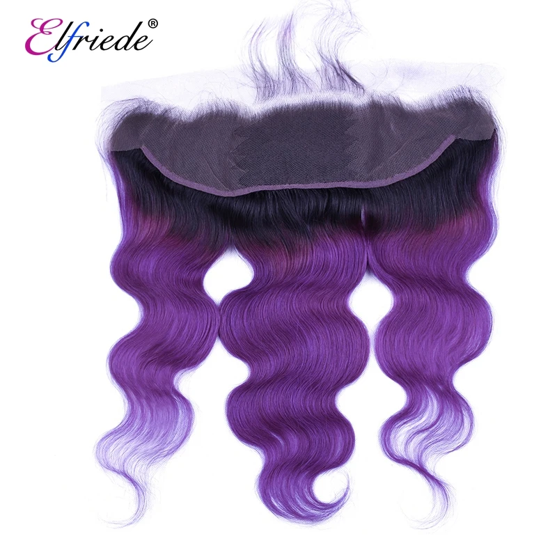 Elfriede T1B/Purple Body Wave Ombre Colored Hair Bundles with Frontal Remy Human Hair Weaves 3 Bundles with Lace Frontal 13x4