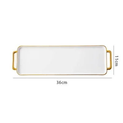 Rectangular Ceramic Tray Metal Handle Phnom Penh Decorative Plate Cosmetic Organize Disk Jewelry Dish Dessert Cake Pan