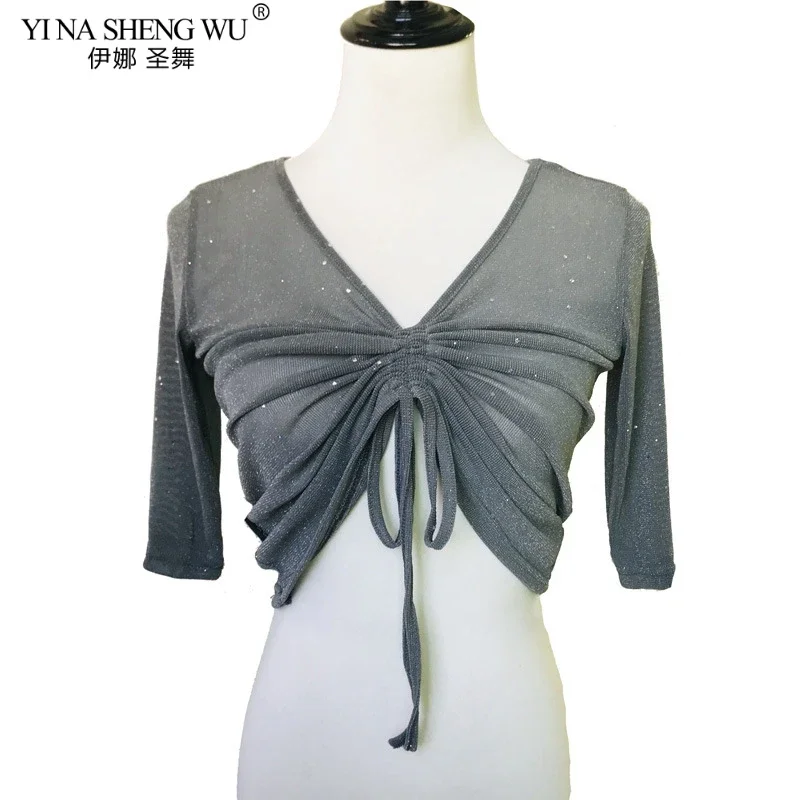 Women Dance Top Belly Dance Costume Half Sleeve Sexy Transparent Silver Mesh Tops&Tees Indian Oriental Dance Tops Practice Wear