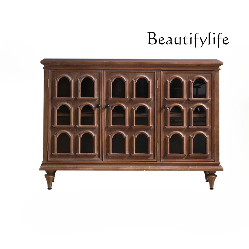 X40 Medieval French Solid Wood Walnut Porch Retro Dining Side Cabinet Pantry Hall Storage Locker