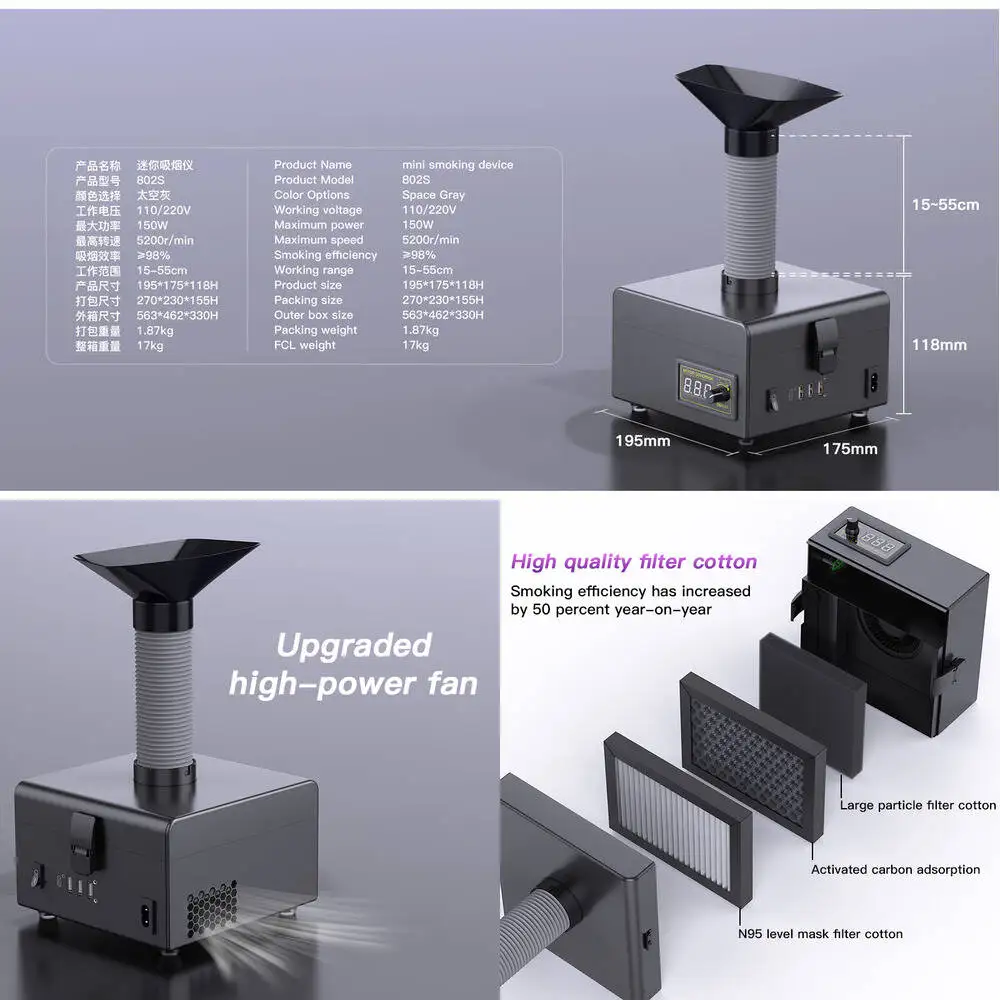 

Fume Extractor with Filter LED Light 5V-3A USB Charging Port Automatic Buckle 98% Smoking Efficiency for Soldering Fume Removal​