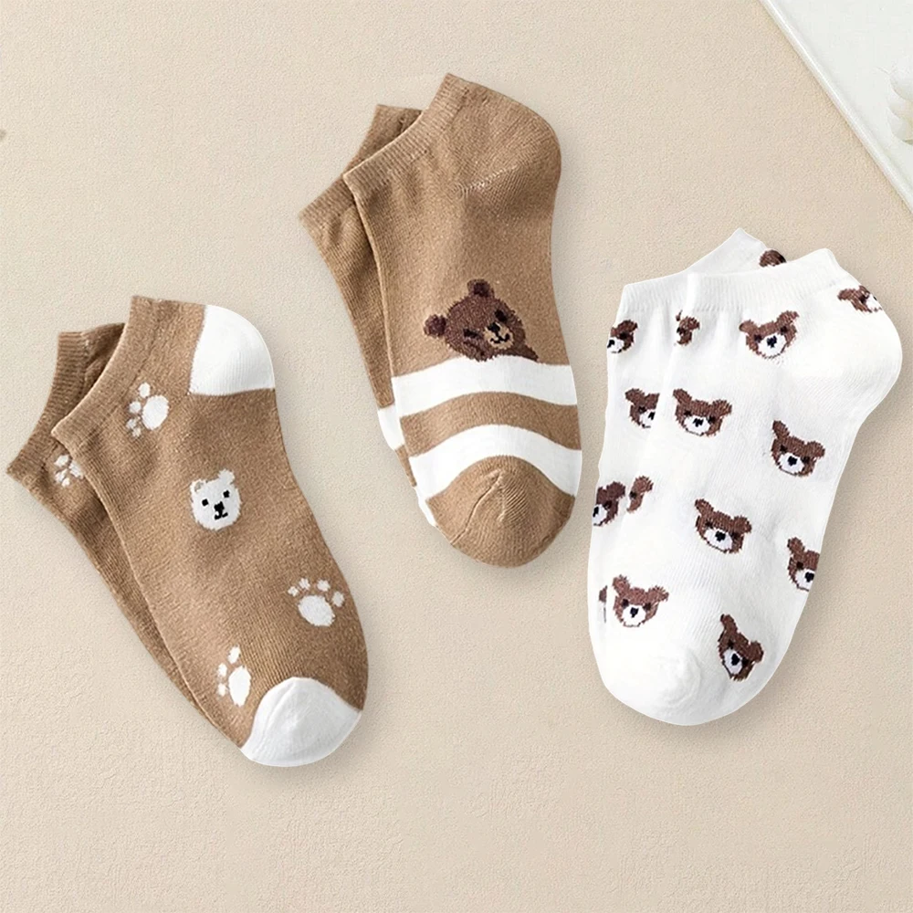 5 Pairs Women Cartoon Bear Printed Ankle Socks Cute Fashionable Versatile Socks Lightweight Comfortable Antibacterial Short Sock