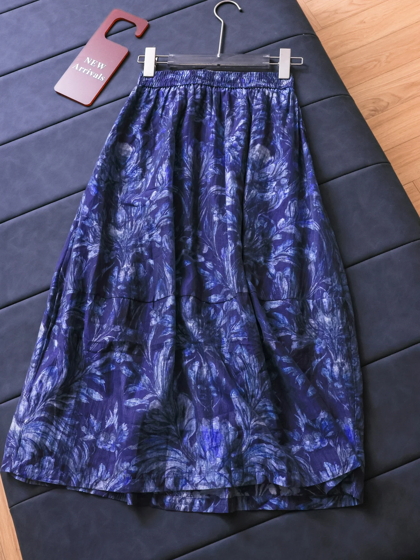 Lace Mixed Medium Length A-Line Skirt Floral Print Slimming Hip Covering Iris Blue Women's High Waist Half Body Skirt