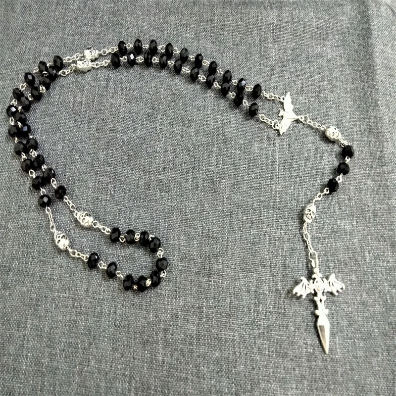 Gothic Black Crystal Bead Vampire Rosary Necklace Skull Bat Winged Dagger Cross Long Necklace 2021 Fashion Men Women Jewelry