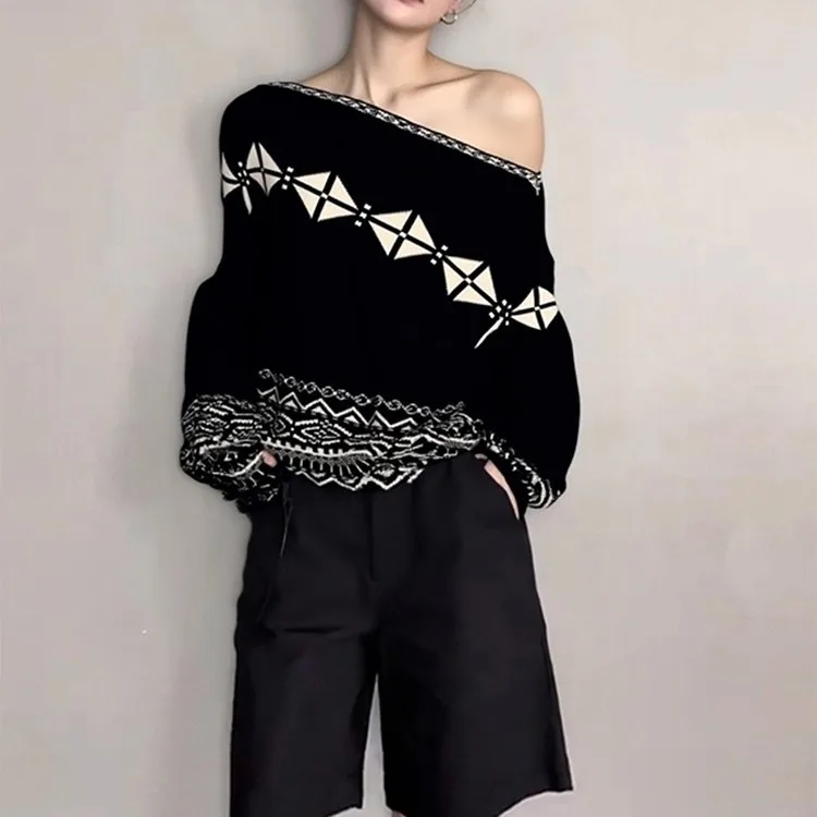 เสื้อสเวตเตอร์ถักไหมพรมทรงหลวมสไตล์เกาหลีสำหรับผู้หญิง ดีไซน์หรูหรา สไตล์ลำลอง แบบคลุมไหล่ ทรงหลวมคลุมทั้งตัว