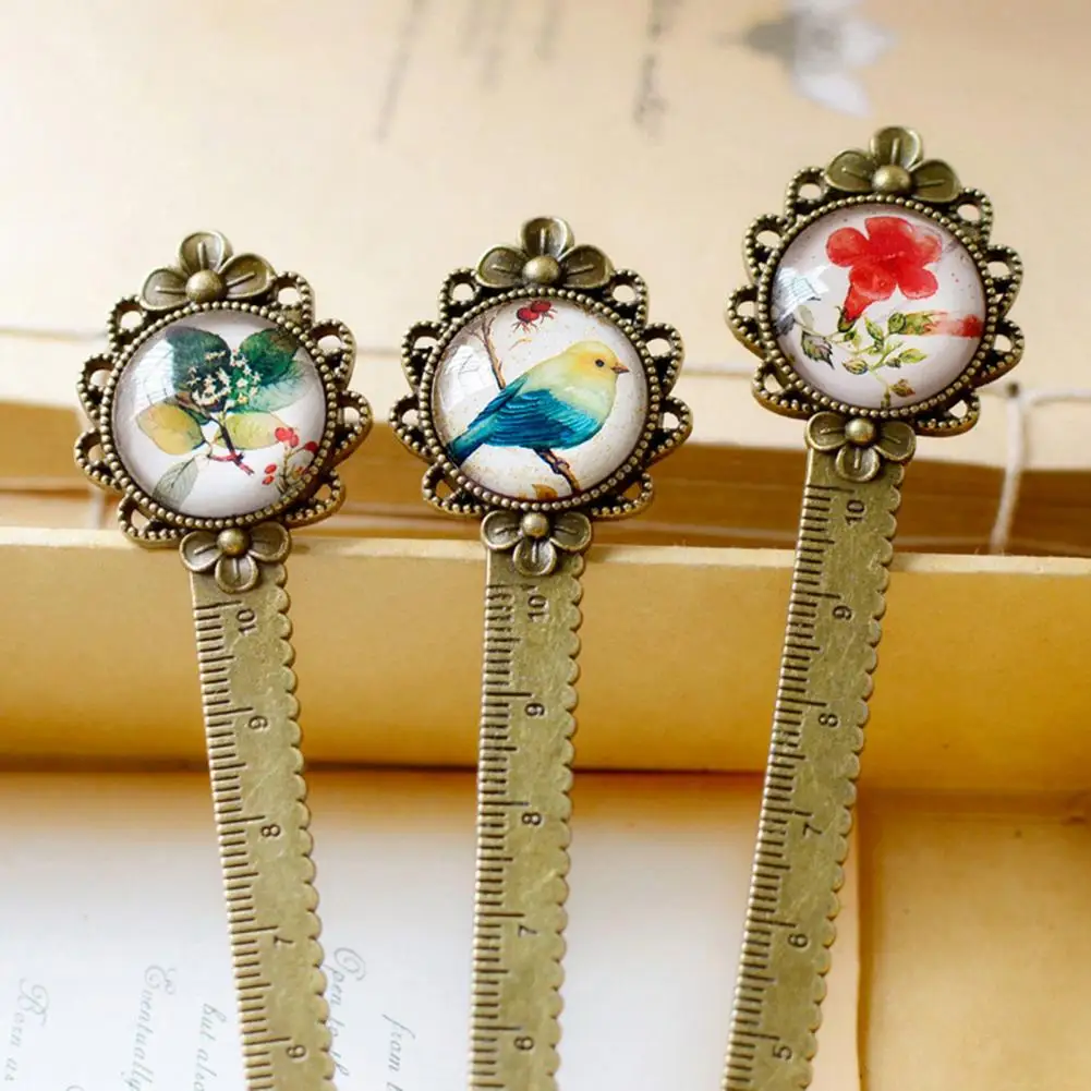 14cm Bookmark Alloy Creative Shapes Precise Scale Number Retro Bookmark Flower Bird Pattern 2 In 1 Ruler Bookmark For School