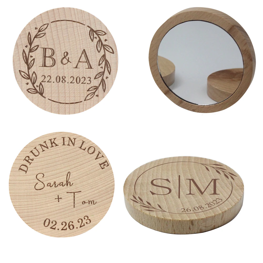 YANGSION Personalised Wooden Mirror Engraved Portable Round Compact Pocket Mirror Bridesmaid Wedding Favors Custom Baptism Gift