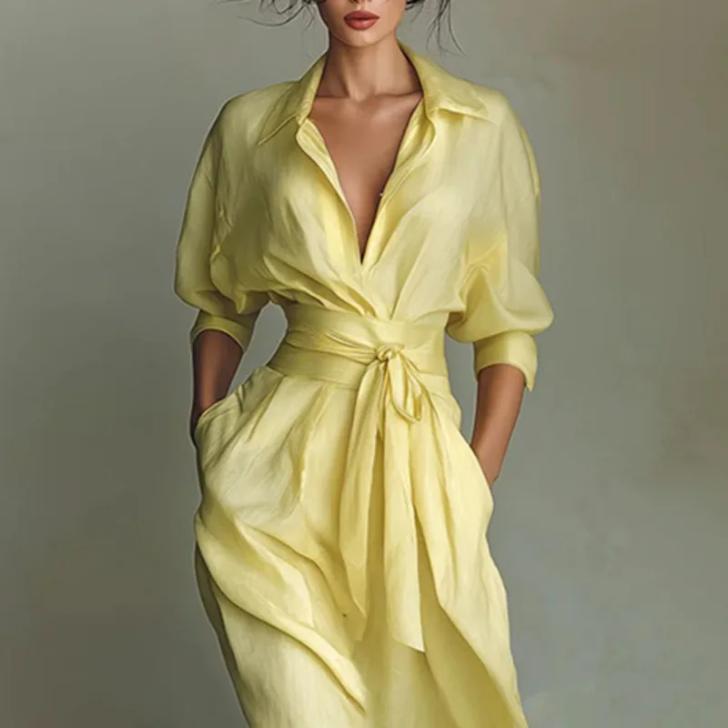 Bohemian Elegant Lace-up High Waist Long Dress Woman New Turn-down Collar Hollow Party Dress Spring 3/4 Sleeve Pocket Maxi Dress - Image 5