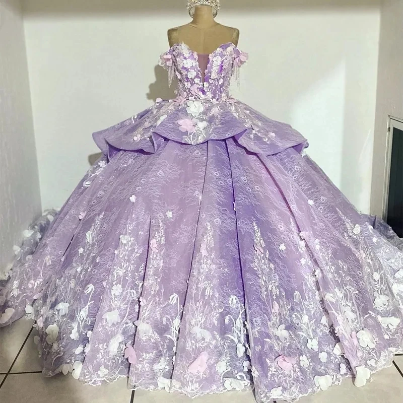 ANGELSBRIDEP-Vestidos De Quinceañera De encaje con flores en 3D, corsé lila De lujo para graduación De 15 años, fiesta Formal De cumpleaños