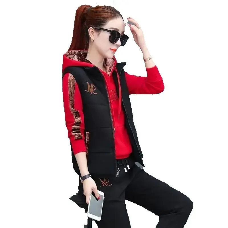 

Women's Sweat Suit Autumn Winter New Casual Plush Thickened Hooded Tops Waistcoat Pink Pants 3 Three Piece Sets for Women Blusas
