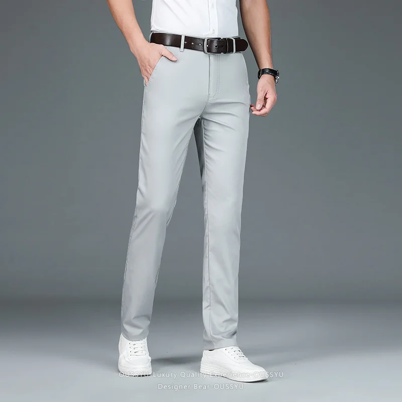 Brand Summer Thin Men's Bamboo Fiber Suit Pants Elastic Classic Straight Business Office Solid Color Chino Work Formal Trousers