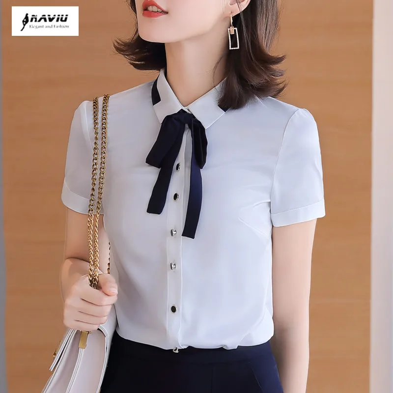 

NAVIU Summer New Style White Shirts For Women Work Wear Interview OL Slim Blouses Fashion Elegant Formal Office Ladies Tops Blue