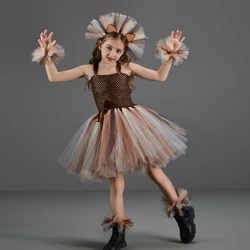Brown Lion Costumes for Girls Jungle Animal Fancy Tutu Dress Kids Halloween Purim Cosplay Party Outfit Performance Dresses