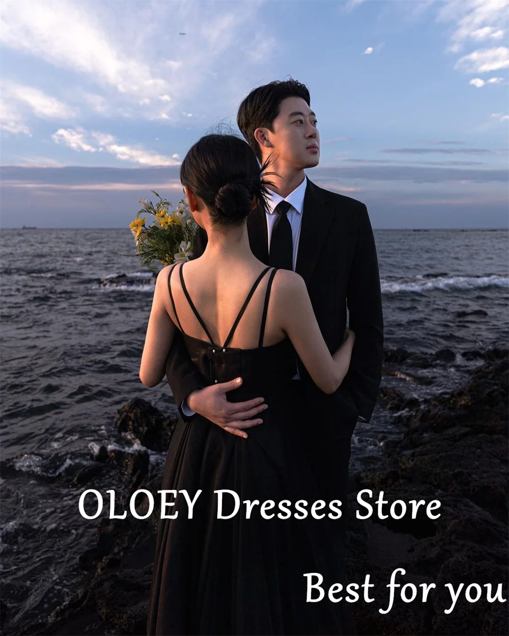 OLOEY-Vestidos de Noche elegantes para sesión de fotos, traje negro con escote Corazón, tirantes en los hombros, línea A, Espalda descubierta, recepción