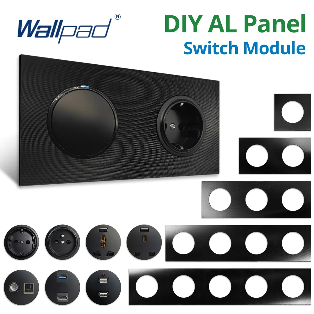 Wallpad Black Aluminum Panel DIY Wall Power Socket EU UK Electrical Outlet Function Key Free Combination AC110-220V