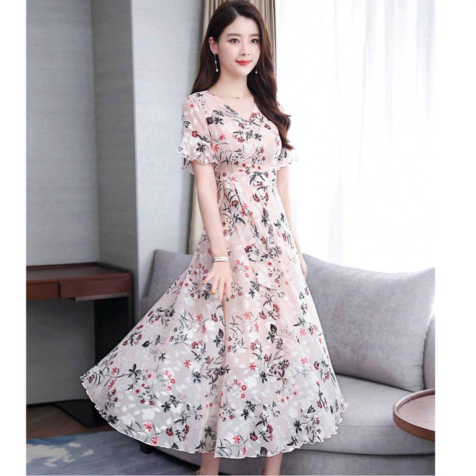 Women Floral Printed Boho Dress 2023 Summer Sexy Short Sleeve Long Dresses Female V Neck Pleated Loose Beach Party Dress