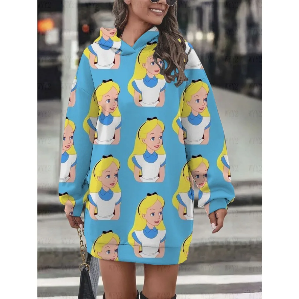 Damen-Pullover mit Kapuze, modischer Disney-Prinzessin Alice-Aufdruck, langärmelig, lockerer Herbst- und Winter-Hoodie
