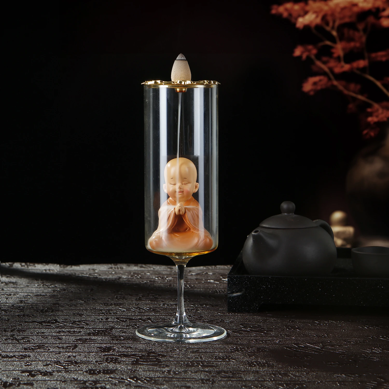 

Metal Lotus Backflow Incense Holder Glass Incense Burner for Incense Cones with Little Monk for Meditation Yoga