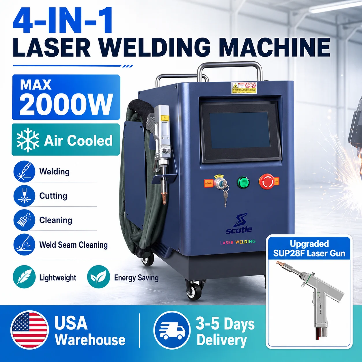 Air Cooling 2000W SUP28F 4 In1 Welding Cleaning Cutting Laser Welder Machine for Carbon Steel Alloy Laser Welding Machine US Shipping