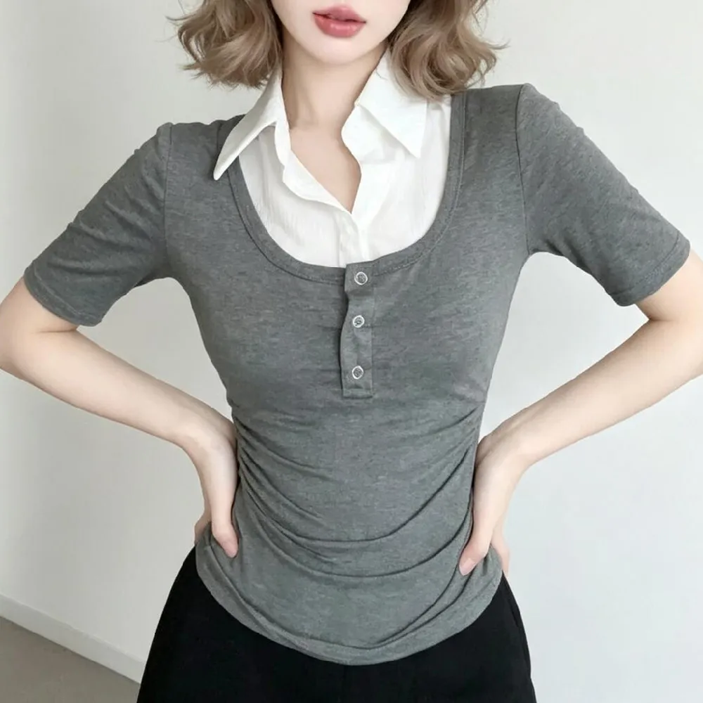 Preppy False 2 pieces Lapel Collar Spliced Knitted Short Sleeve Tee Girl Slim Fit T-shirt Patchwork Pullover Crop Top Gray Black
